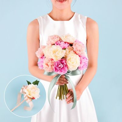 《オンライン限定》ウエディングブーケ＆ブートニアSET[WEB482] ピオニー 結婚式 前撮り フォトウエディング アーティフィシャルフラワー 造花