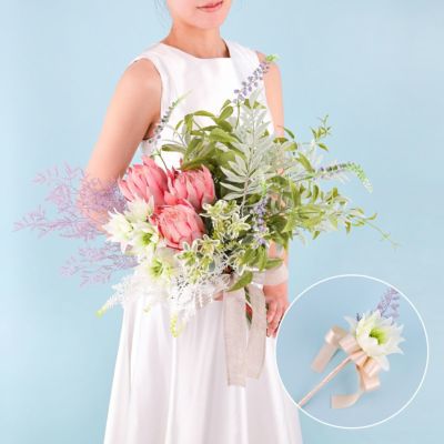 《オンライン限定》ウエディングブーケ＆ブートニアSET[WEB484] プロテア 結婚式 前撮り フォトウエディング アーティフィシャルフラワー 造花