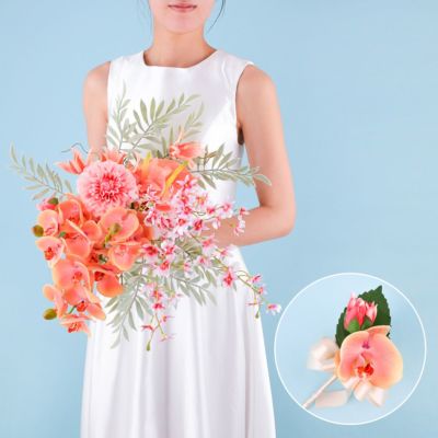 《オンライン限定》ウエディングブーケ＆ブートニアSET[WEB485] 胡蝶蘭 ダリア 結婚式 前撮り フォトウエディング アーティフィシャルフラワー 造花