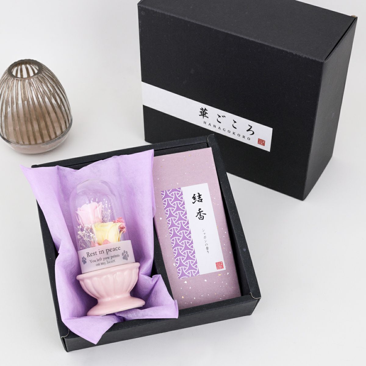ペット用 お供えギフトBOX 華ごころ（お線香&プリザーブドフラワー1個）