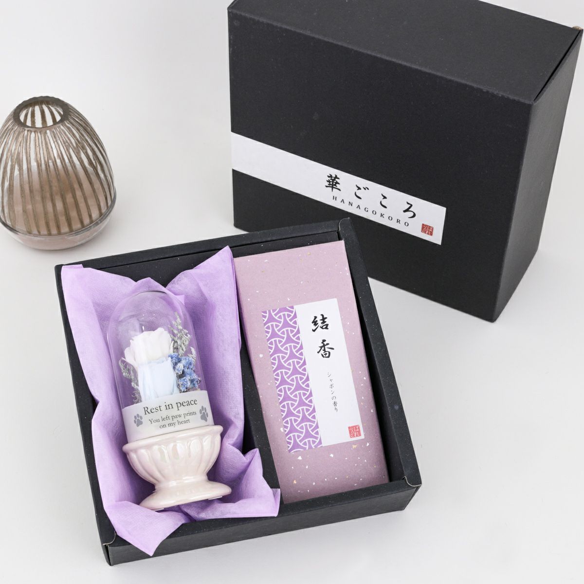 ペット用 お供えギフトBOX 華ごころ（お線香&プリザーブドフラワー1個）
