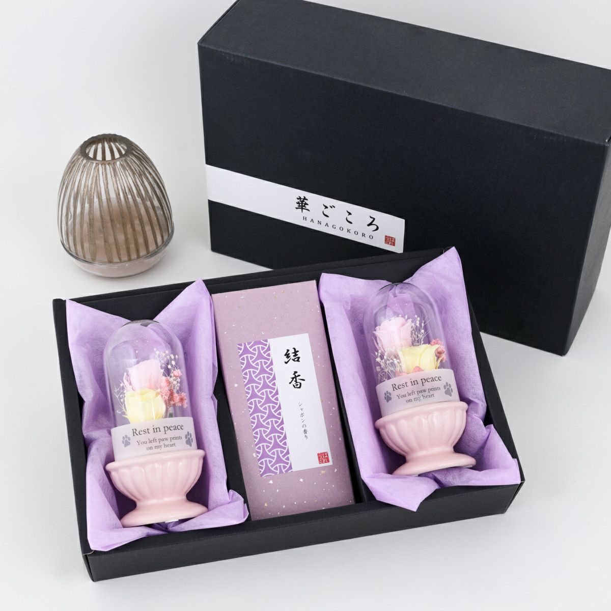 ペット用 お供えギフトBOX 華ごころ（お線香&プリザーブドフラワー2個）