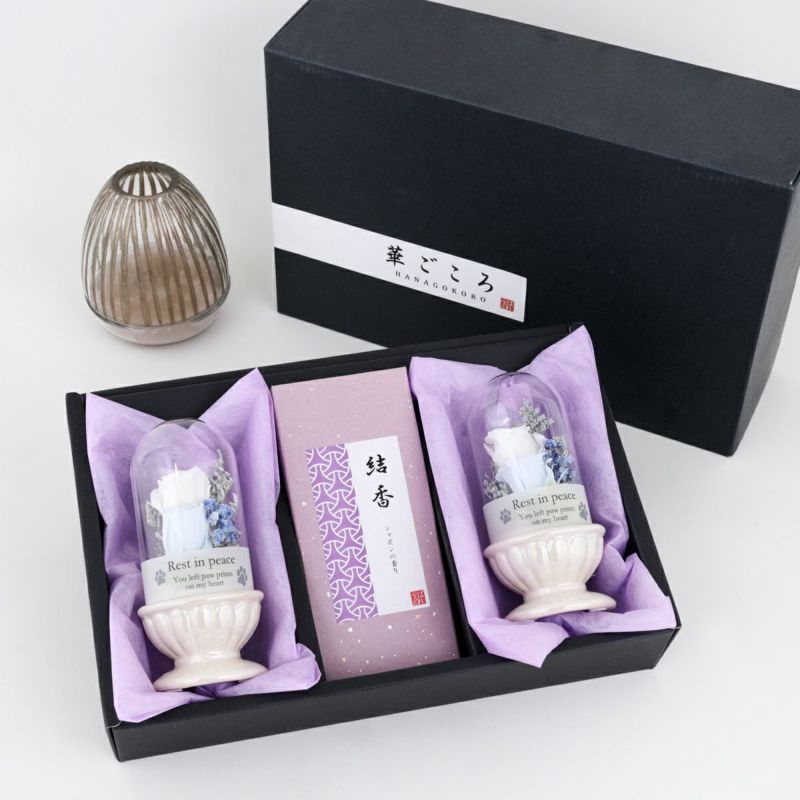 ペット用 お供えギフトBOX 華ごころ（お線香&プリザーブドフラワー2個）