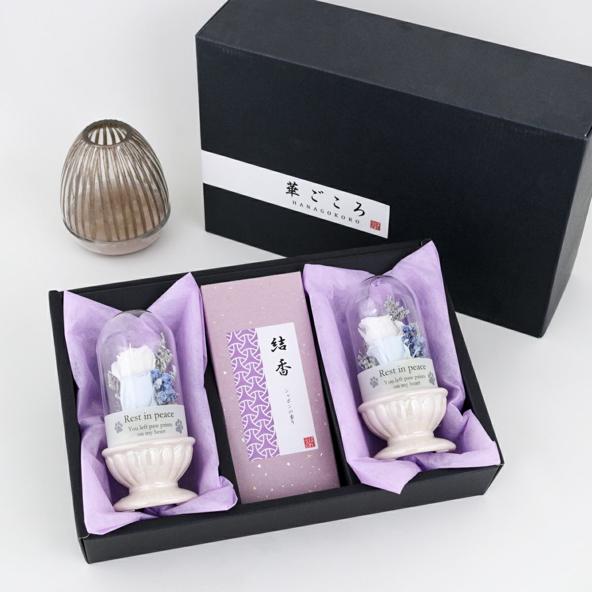 ペット用 お供えギフトBOX 華ごころ（お線香&プリザーブドフラワー2個）